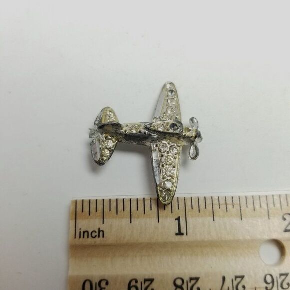 Vintage Rhinestone Airplane Brooch, Silver Tone C Clasp Pin, Estate - Picture 5 of 6
